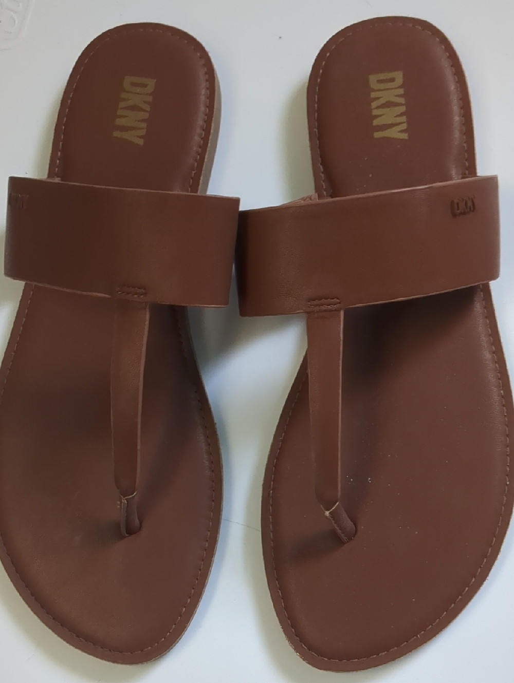 DKNY Brown Leather T-strap Slide Sandals